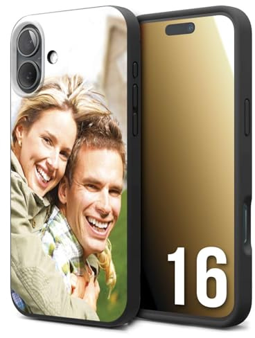 CUSTOMIZZA - Custodia cover nera morbida in tpu compatibile per iPhone 16 personalizzata con foto immagine scritta a piacere