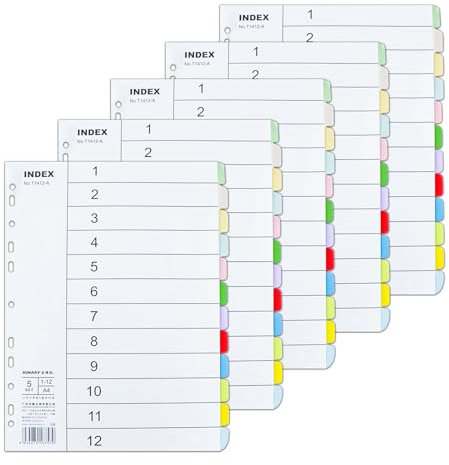 5er-Packung Ordner Trennblätter A4, Trenner Ordner 12 Teil-12 Farben Trennblätter für Ordner, 11 Löcher Gestanzt mit Digitalen Abdeckungen Ringbuch Register Index-Teiler Registerblätter