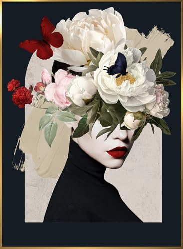 STYLER Bild Bea 50 x 70 cm (AUFHÄNGFERTIG) mit hochwertigem goldenen Rahmen – Frau mit Blumen – Exklusives Wandbild Modern Dekorativ Hochwertig Blumenkopf
