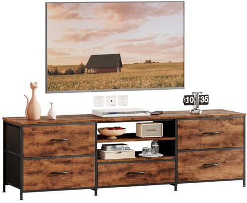 Uptyia Mueble para TV con 5 cajones, 140x30x50 cm, Aparador bajo de salón para televisor hasta 65 Pulgadas, Mueble Organizador de Madera con almacenaje (Marrón)
