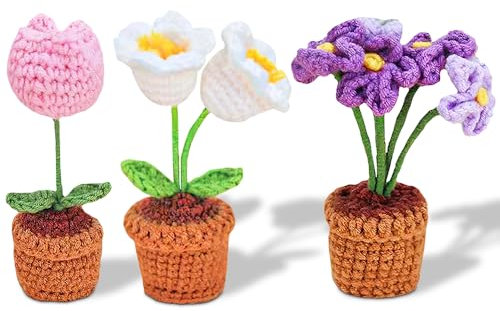 KBIBCK 3 Pcs Handmade Crochet Flowers Pots, Handmade Knitted flowers, Mini Knitted Potted Plants, Puff Knitting Artificial Flowers for Birthday Wedding Teacher’s Day Gift Home Office Decoration