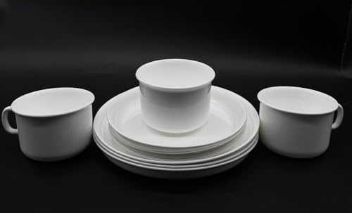 3 Stück Geschirr-Set Geschirrservice Frühstücksset Kaffeeservice Plastikgeschirr, Mehrweggeschirr, besteht aus je 3 Tassen Untertassen und Teller Speiseteller, aus Kunststoff, Farbe weiß