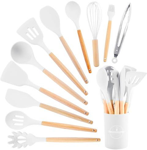 KAIYAYA 12 Piezas Juego de Utensilios de Cocina, Set Utensilios Cocina Silicona Resistente al Calor Antiadherente Apto Grado Alimenticio Silicona para Todas las Ollas Y Sartenes