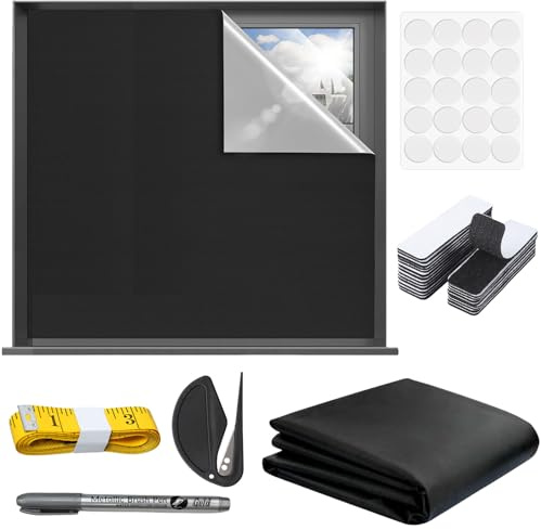 Portable Blackout Blinds Stick on 300x145cm, Easy to Stick on no Drill Black Out Blinds 100% Blackout Blind Material, for Bedroom, Campervan, or Office, with Self Adhesive Fasteners and Ruler, Cutter
