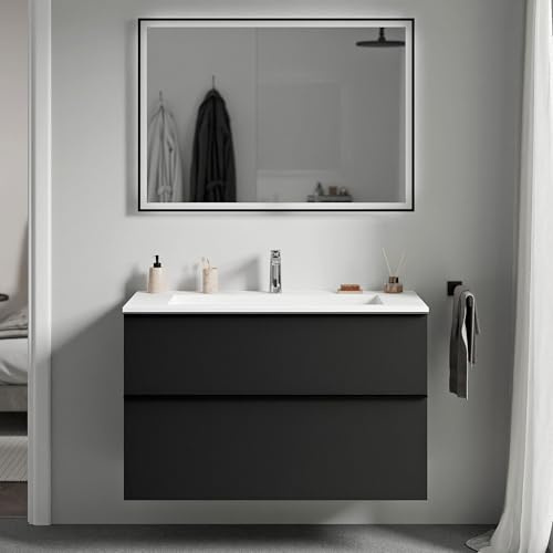 BERNSTEIN - Waschtisch zum Aufhängen, für Badezimmer, MDF, Schwarz, matt, Mineralguss, Weiß matt + Hahnloch, Griff aus Metall, Chrom, 80 x 46 x 62 cm – LAVOA