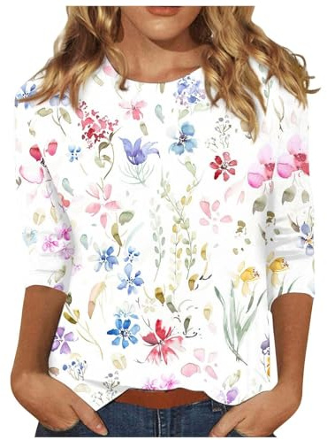 Shirt 3/4 Arm Damen Tshirt Sommer Herbst Pullover Basic Tops Casual Oberteile Rundhals Shirt Lockere Loungewear Oversized Langarmshirt