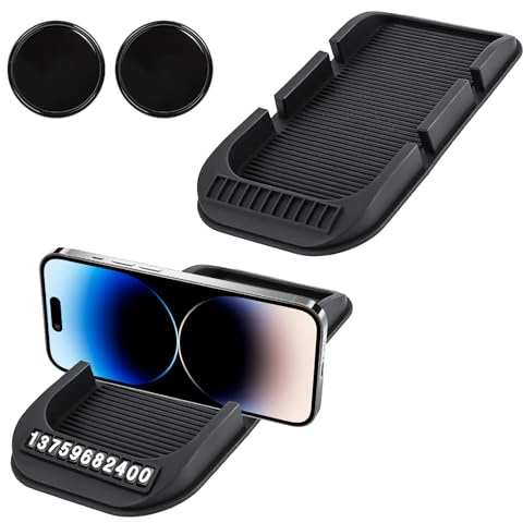 2 Antirutschmatte Auto Armaturenbrett mit 2 Kleine Rund Anti Rutsch Pads | HXC Silikon Handyhalterung fürs Armaturenbrett mit Parknummernfeld für Handy Sonnenbrille Schlüssel, Schwarz