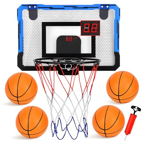 Pangutiandi Basketball Hoop Indoor with 4 Balls, Mini Basketball Hoop for Kids Wall Mounted Automatic Scoring, Boys Gifts Age 3-12 Years Blue