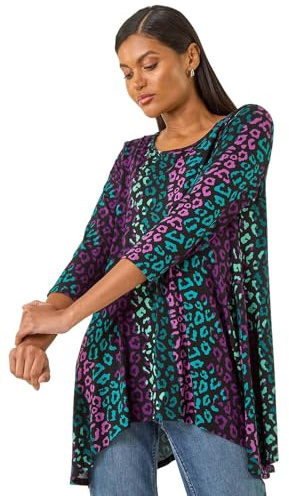 Roman Originals Hanky Hem Tunic Top for Women UK - Ladies Longline Blouse Asymmetric Hemline Casual Slouch Loose 3/4 Sleeves Round Neck Relaxed Comfortable Holiday - Teal Multi - Size 20