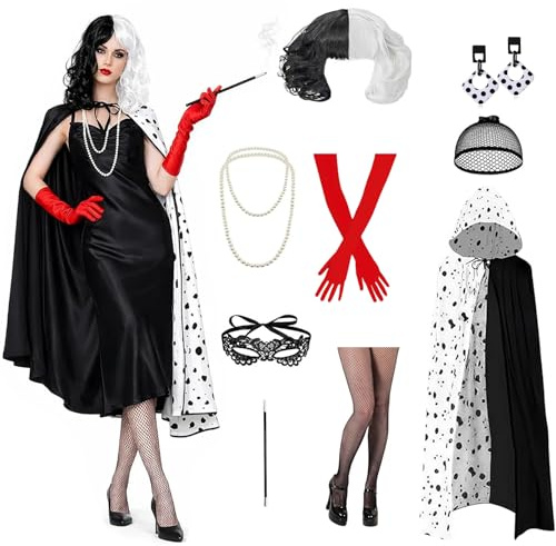 WZBBJuser Cruella Kostüm Damen, Cruella Devil Kostüm mit Umhang, Schwarz-Weiße Perücke, Handschuhe, Ohrringe & Halskette – Karneval Kostüm Damen für Fasching, Mottoparty & Cosplay
