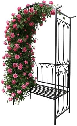 Relaxdays rose arch with bench, garden arch, H x W x D: 210 x 134 x 48 cm, climbing arch for plants, metal, black