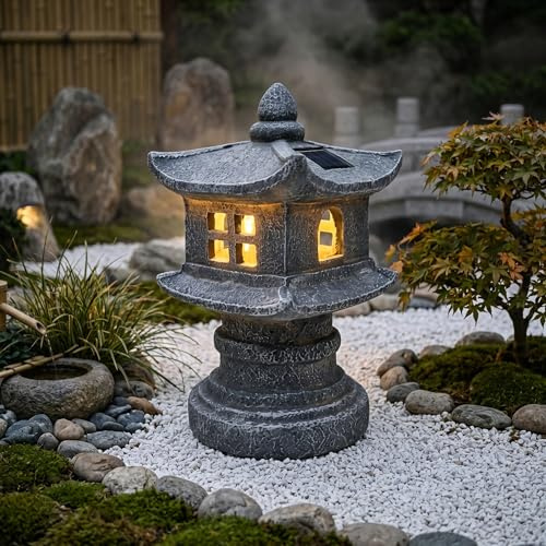 Estatua de jardín de pagoda, linternas solares japonesas, estatua de jardín de pagoda con energía solar, linterna de piedra japonesa de resina para decoración de patio de césped al aire libre, gris