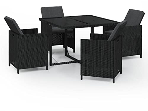 XHNIFBN Juego de comedor de jardín de ratán sintético de 5 piezas, con mesa de cristal y 4 sillas, muebles de terraza que ahorran espacio con cómodos cojines para asientos y respaldos, color negro