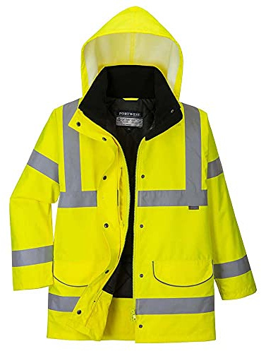 Portwest S360 Damen Verkehrsjacke Viele Taschen Verschweißte Nähte Langarm | Gelb, L, Polyester, 300D Oxford-Gewebe, Druckknopf, Doppelt PU-Beschichtung, Reflektierend, Fleecegefüttert, Warnschutz