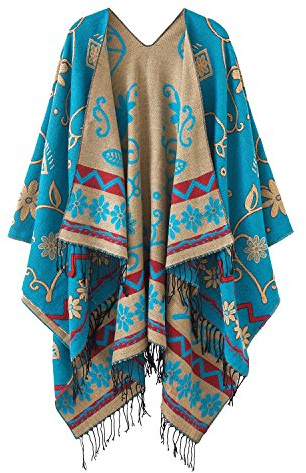 Très Chic Mailanda Damen Poncho Cape Schal Blumenmuster mit Fransen (Blumenmuster)