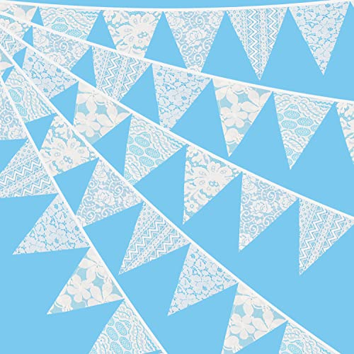 G2PLUS 3.3M Weiß Spitze Wimpelkette, Schöne Stoff Wimpelkette Hochzeit, 12 STK Draußen Garten Stoffgirlande, Vintage Stoff Wimpel Girlande für Hochzeiten oder Geburtstage