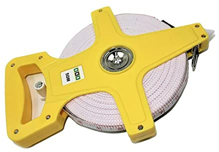 HKB ® 1 Stück Maßband, 50 Meter Bandmaß mit Fiberglasband, Kunststoff gelb mit ergonomischem Handgriff, ausklappbare Kurbel, 2 Skalen: Meter und Feet, Hersteller HKB, Artikel-Nr. 50773