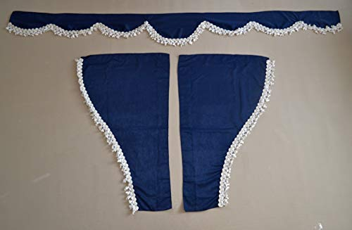 24/7 AUTO Rideaux décoratifs bleus en velours peluche avec pompons blancs sur le devant + fenêtres latérales pour camions