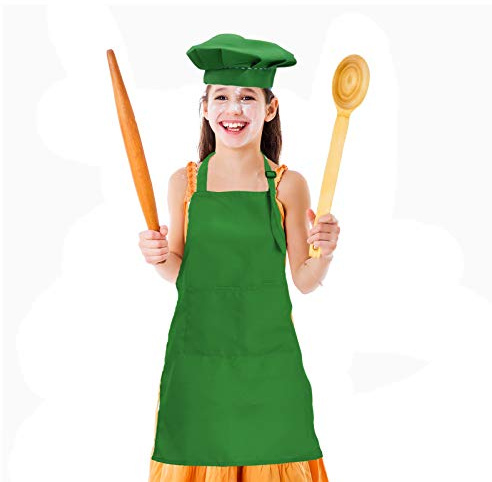CWFUN Green Aprons with 2 Pockets and Chef Hat for Kids,Children-Kids Cooking Baking Painting Art Adjustable Bib Aprons and Hat Sets For Girls and Boys(4-12 Years Old, Green-1set,Size L)