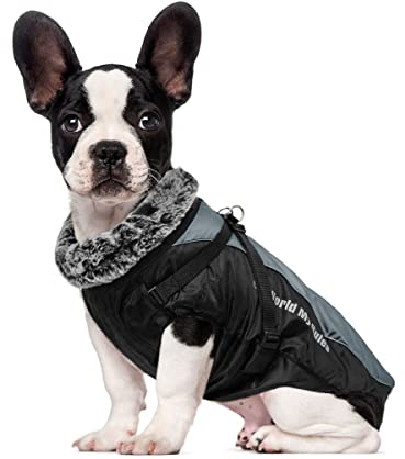 Hundemantel mit Geschirr - Hundejacke für mittelgroße Hunde Winter - Wasserabweisender & Warmer Wintermantel Winterjacke mit Pelzkragen & Reißverschluss Grau 2XL