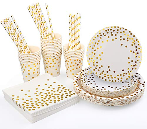 Dsaren 150 Pezzi Piatti Usa e Getta Stoviglie Usa e Getta per Feste Set Piatti Monouso Tovaglioli Bicchieri Cannucce in Carta per Natalizi Compleanno Pasquali Laurea Capodanno Nozze (Oro)