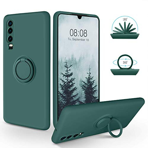 SouliGo Huawei P30 Hülle, Huawei P30 Handyhülle Silikon Gel Slim Case Cover mit 360 Grad Ring Halter Ständer stabil Kratzfest Hülle für Huawei P30 Dunkelgrün