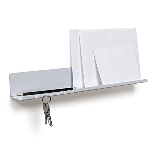 byde Helke Wandregal 44 x 6 x 6 cm 5 Haken und Kabelhalter, Hängeregal aus pulverbeschichtetem Stahlblech, Schlüsselbrett Organizer und Briefe für Eingang, Küche, Büro, Graue Farbe