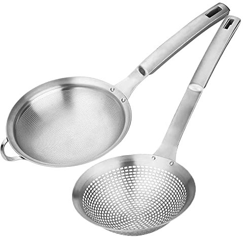 Fine Mesh Stainless Steel Metal With HoleSieve Food Strainer Grease Spider Skimmer And With Handle Large Holes Slotted Colander Frying Spoon Set,Handheld For Kitchen Cooking And Filter Food Residues