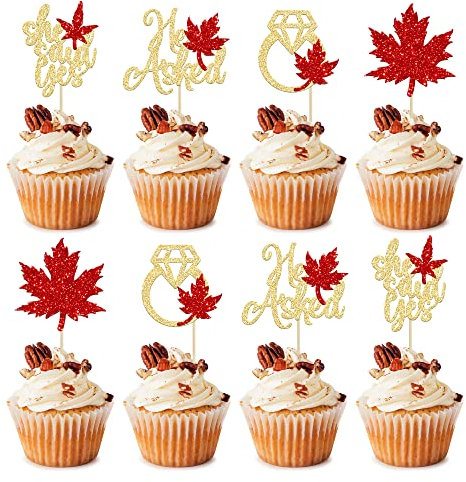 24 Stück He Asked She Said Yes Cupcake-Topper Glitzer Ahornblätter Diamant Ring Brautdusche Cupcake Picks für Herbst Hochzeit Verlobung Thanksgiving Party Kuchen Dekorationen Zubehör