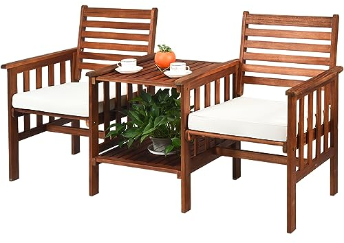 COSTWAY Set Tavolo e Sedia da Giardino con Foro per Ombrello, Set di Mobili a 2 Posti da Esterno in Legno di Acacia con Cuscini, per Giardino, Cortile e Bordo della Piscina (Bianco)