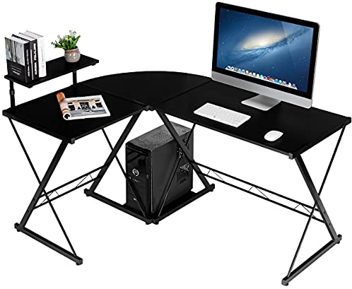 GIANTEX Computertisch L-Form, Schreibtisch Eckschreibtisch PC-Tisch mit Monitorständer & Ablagefach, Computerschreibtisch im Retro-Stil, Winkelschreibtisch Bürotisch Ecktisch für Büro (Schwarz)