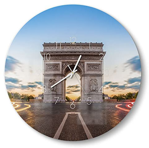 DEQORI Glasuhr | rund Ø 50 cm | Motiv Triumphbogen in Paris | große XXL Design Uhr aus Glas | leise Wanduhr für Wohnzimmer & Küche | Moderne Hingucker Uhr für die Wand