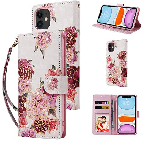 UEEBAI Wallet Case for iPhone 11, PU Leather Phone Case Kickstand RFID Blocking Flip Case with Card Slots Wrist Strap Relief Engraved Pattern Magnetic Closure Folio Case - White Flower