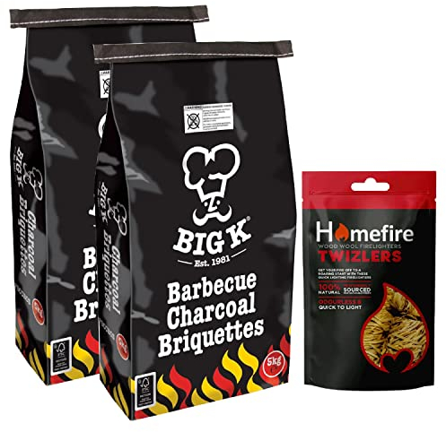 Barbecue Charcoal Briquettes for BBQ Grill - Pack of 2 x 5kg Quick & Easy to Light Briquettes for Outdoor Cooking, Camping, Fishing. Less Smoke & Longer Lasting BBQ Briquettes with Topline Card