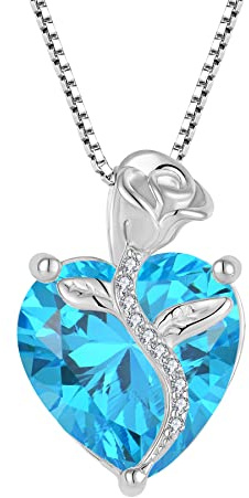 FJ Heart Birthstone Necklace 925 Sterling Silver Rose Flower Pendant Jewellery for Women