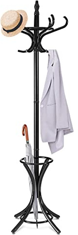CASART Wood Coat Rack, Freestanding Clothes Stand with 12 Hooks and Umbrella Holder, 186cm Tall Hall Tree for Home Office Hallway Bedroom (Black)