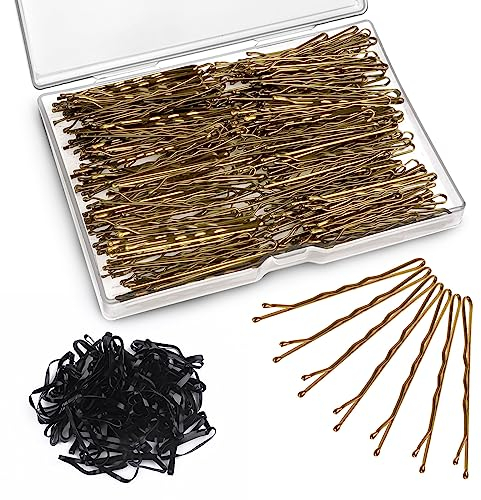 200 Stück Haarnadeln, Bobby Pins mit 100 Stück Haargummis, Sehr Stabil Hochsteckfrisuren Zubehör, Metall Frisuren Zubehör, Haarnadeln Hochzei Haarklemmen für Damen Mädchen Kinder Friseursalon -Gold