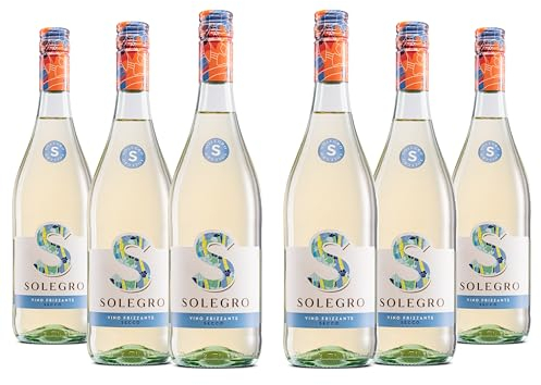Solegro Vino Bianco Frizzante Secco, Fresco e piacevole con aromi Floreali e Fruttati, 10,5% vol, Confezione con 6 Bottiglie da 750 ml