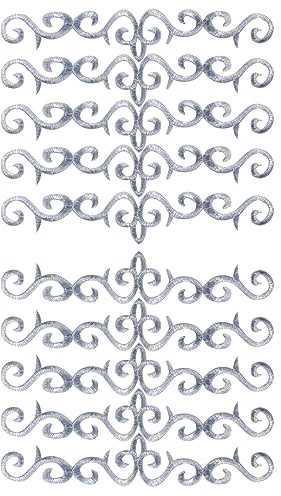 10 Stück metallisch bestickte Aufnäher zum Aufbügeln mit Rankenborte Spitze Applikation langes Schnörkelmotiv für Hochzeit Brautkleid Kleid Kissen Nähzubehör Verzierung (Silber)