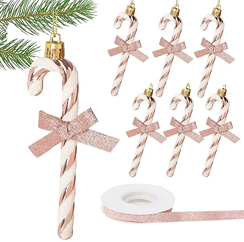 COLOFALLA 6pcs Glitter Rose Gold Candy Cane Christmas Tree Decorations With Ribbon - Hanging Ornaments