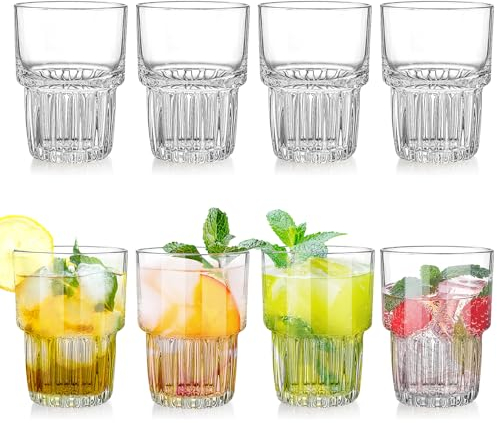 Drinking Glasses Set of 8, 330ml/11oz Stackable Iced Latte Coffee Glas Vintage Tumbler Cups Clear Water Glasses with Heavy Base for Iced Tea Cocktail Whiskey Juice Smoothie, Dishwasher Safe