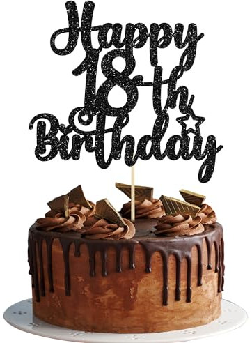 Gyufise 1Pc Happy 18th Birthday Cake Topper Glitter 18 & Fabulous Cheers to 18 Years Old Birthday Cake Pick for Celebrating 18th Birthday Party Cake Decorations Supplies Black