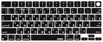 XSKN Languages and Shortcuts Silicone Keyboard Skin Cover for 2021+ M2 Chip MacBook Air 13.6 15.3 with Touch ID for MacBook Pro 14.2 16.2 with Touch ID (Russian Black, US Layout)