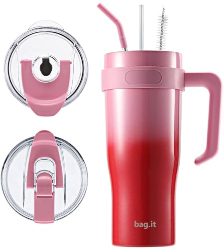 BAG.IT Travel Mug with Straw and Lid, Tumbler with Handle, Stainless Steel Travel Flask with Straws & Lids | Leak Proof Coffee Stanle Cup for Hot or Iced Drink (Exotic, 40 oz)
