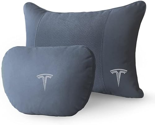 Auto Lordosenstütze Nackenkissen für Tesla Model 3 Y S X, Auto Kissen Rücken Taille Kissen Unterstützung, Weiche Kopfkissen Zum Fahren Und Reisen,E Blue
