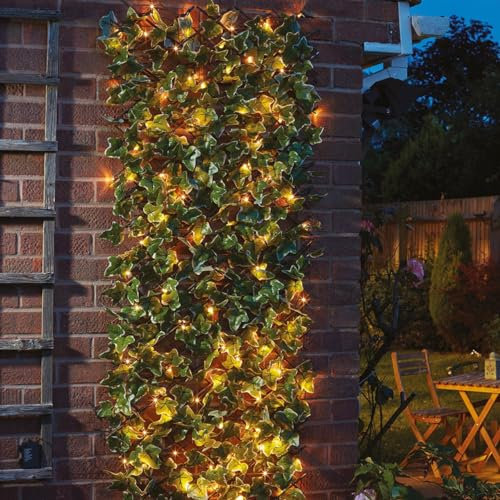 Faux Ivy Expandable Willow Trellis with 50 Solar Powered LED Lights – Weather & UV Resistant Vertical or Horizontal Outdoor Garden Wall or Fence Light Up Decoration with Faux Greenery - H180 x W60cm