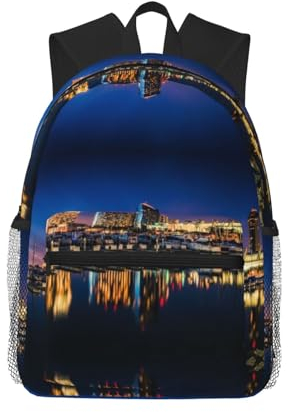 CHANGLEI Portland Laptop-Rucksack für Reisen bei Nacht, lässiger Druck, leicht, waschbar, Polyester, für Damen und Herren, Schwarz , One size