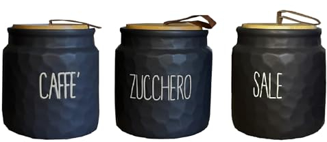 MECSAL CASALINGHI Set 3 Barattoli Contenitori, Tris Sale Zucchero Caffè, in Ceramica Effetto Martellato, Tappo in Legno