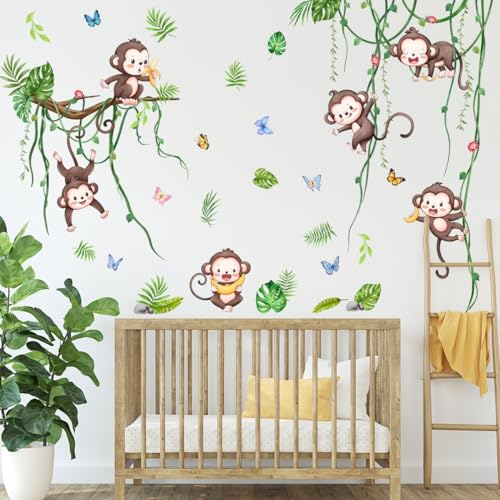 COVPAW Wandtattoo Affen Dschungel Papagei Schaukel Reben Wandaufkleber Affen Baum Zweige Blätter Wandsticker Kinderzimmer Babyzimmer Schlafzimmer Wanddeko (Niedliche Affen)