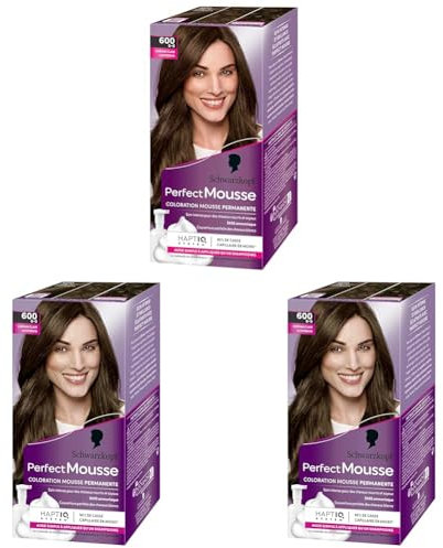Schwarzkopf - Perfect Mousse - Coloration Cheveux - Mousse Permanente sans Ammoniaque - Masque Soin 96% d'ingrédients d'origine naturelle - Châtain Clair 600, 1 Unité (Lot de 3)